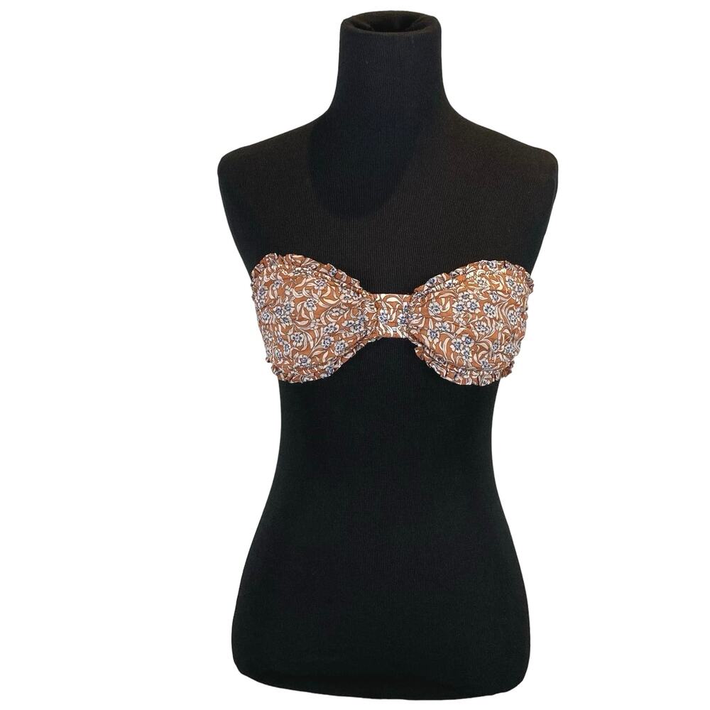 NWOT MAJE Bikini Top 2/M Brown-Ivory Floral Ruffle Ruched Bandeau Tie Back Lined